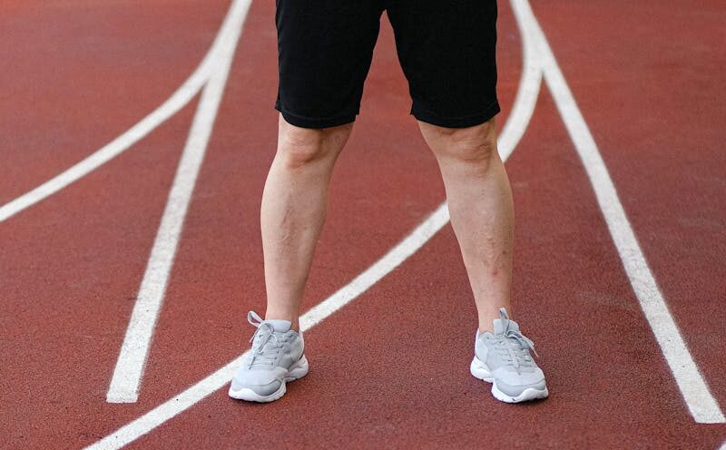 Athlete's legs at the start of a track, ready for a race.