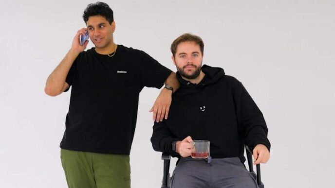 a man sitting in a chair next to another man on a cell phone