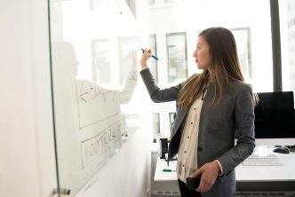 Enterprise Payment Optimization With Bitcoin and Lightning 13 Professional woman writing on a whiteboard in an office environment, focusing on ideas.
