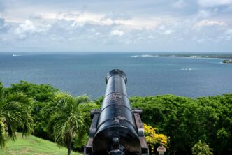 A scenic view of a historic cannon overlooking the Atlantic Ocean from a fort in Tobago.