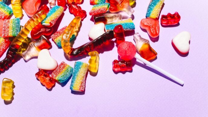 Lolli Enables Lightning Network Withdrawals 11 A vibrant mix of gummy candies and lollipops on a lilac background.