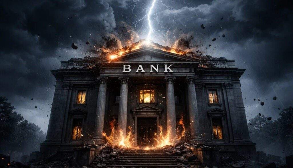 Stylized image of a bank struck by lightning.