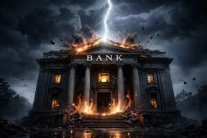 Stylized image of a bank struck by lightning.
