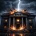 Stylized image of a bank struck by lightning.
