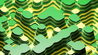 Colorful 3D abstract art resembling layered geological formations.