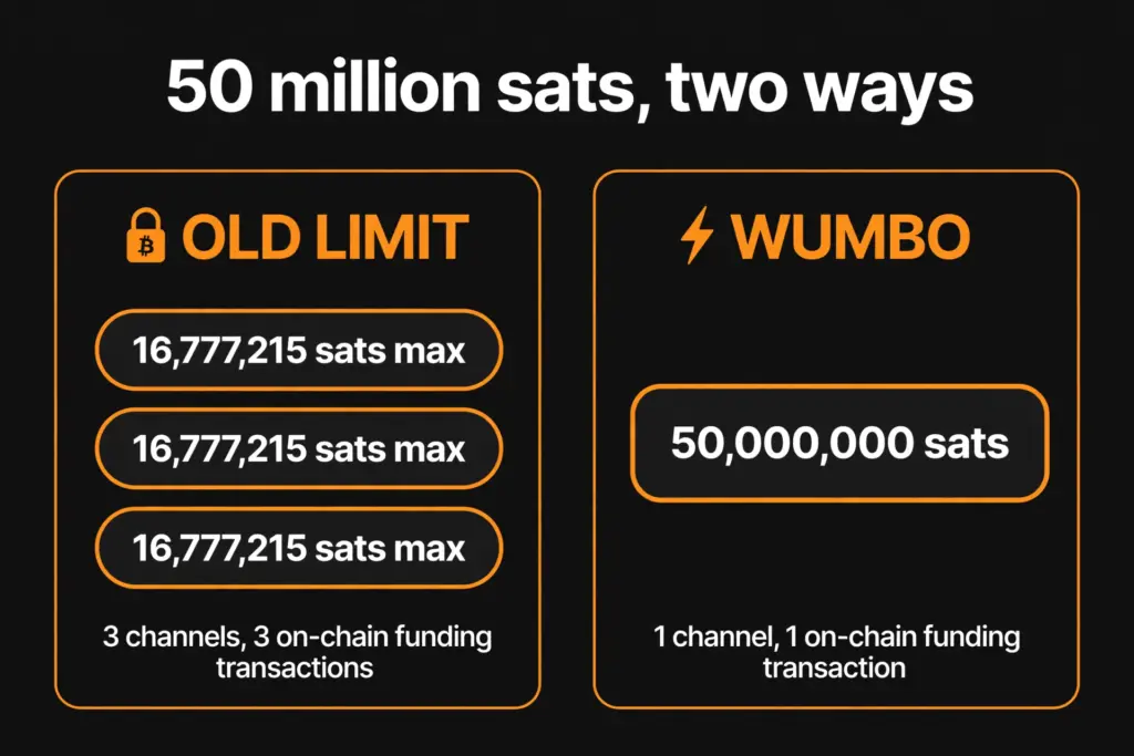 What the Heck Are Wumbo Channels? 3 50 million sats, two ways: three channels capped at 16,777,215 sats each versus one 50,000,000 sat wumbo channel