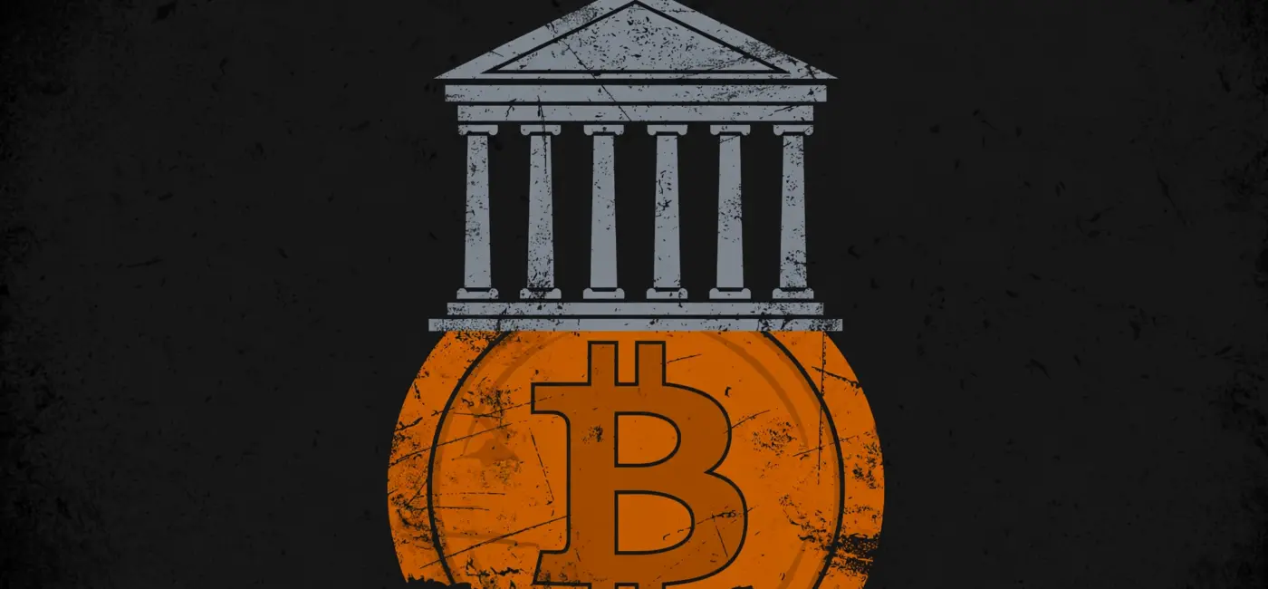 A classical bank building with columns standing on a giant bitcoin coin as its foundation