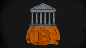 A classical bank building with columns standing on a giant bitcoin coin as its foundation