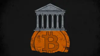 A classical bank building with columns standing on a giant bitcoin coin as its foundation