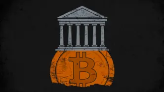 A classical bank building with columns standing on a giant bitcoin coin as its foundation