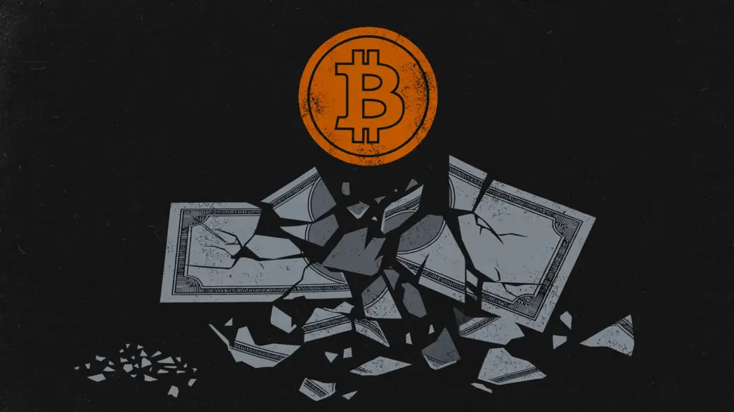 A shattered gray banknote disintegrating into fragments with a solid orange bitcoin coin rising above them