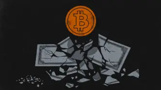 A shattered gray banknote disintegrating into fragments with a solid orange bitcoin coin rising above them