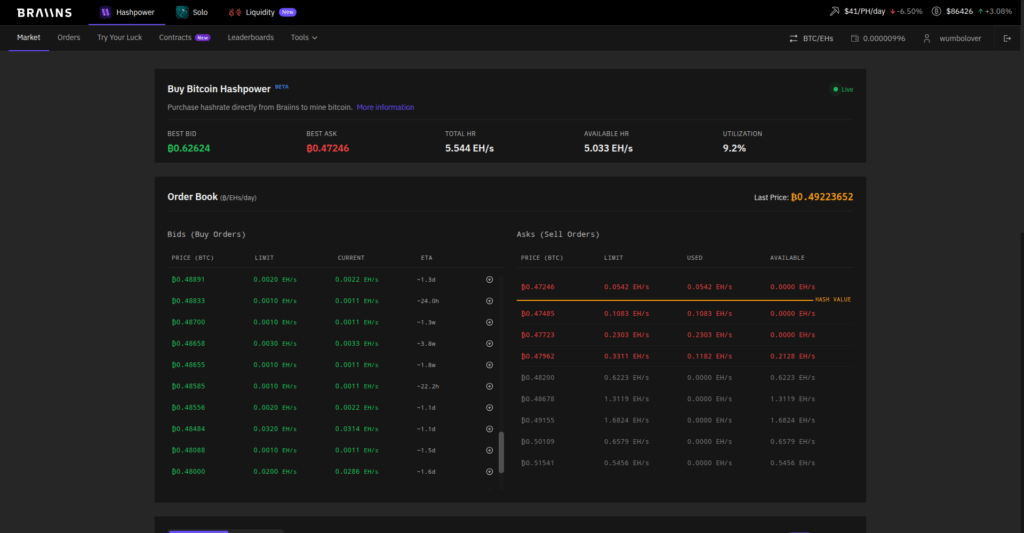 Braiins Hashpower marketplace order book with live bids and asks
