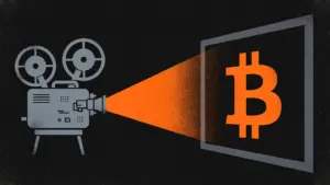 Film projector casting a Bitcoin symbol onto a cinema screen