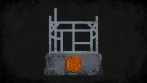 Unfinished house frame on a stone foundation with a Bitcoin coin, symbolising Bitcoin as sound base money still missing its credit layer.
