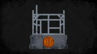 Unfinished house frame on a stone foundation with a Bitcoin coin, symbolising Bitcoin as sound base money still missing its credit layer.