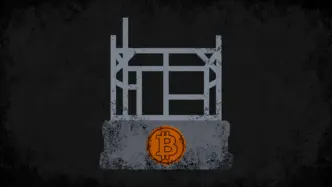 Unfinished house frame on a stone foundation with a Bitcoin coin, symbolising Bitcoin as sound base money still missing its credit layer.