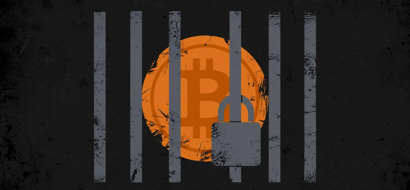 Burnt-orange Bitcoin coin locked behind slate-gray prison bars with a padlock, symbolising Datavault AI's bitcoin frozen at Biconomy