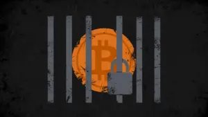 Burnt-orange Bitcoin coin locked behind slate-gray prison bars with a padlock, symbolising Datavault AI's bitcoin frozen at Biconomy
