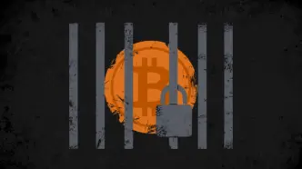 Burnt-orange Bitcoin coin locked behind slate-gray prison bars with a padlock, symbolising Datavault AI's bitcoin frozen at Biconomy