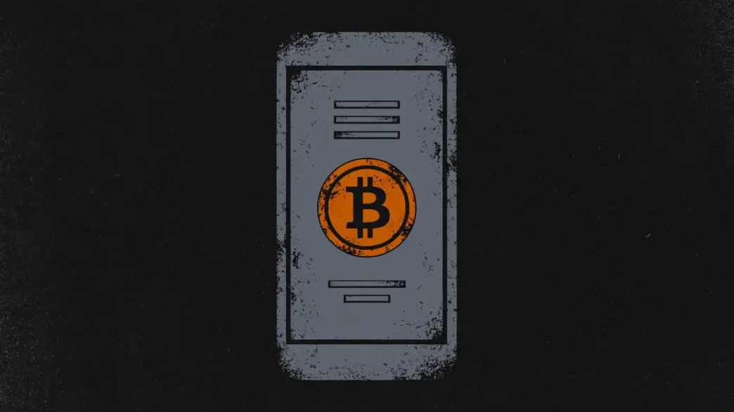 Slate-gray smartphone showing a restaurant menu with a burnt-orange Bitcoin coin as the play button, symbolising Menuvideo's video menus paid in bitcoin.