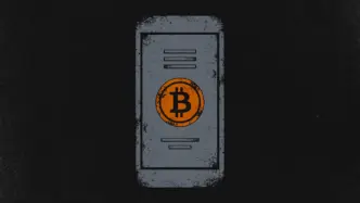 Slate-gray smartphone showing a restaurant menu with a burnt-orange Bitcoin coin as the play button, symbolising Menuvideo's video menus paid in bitcoin.