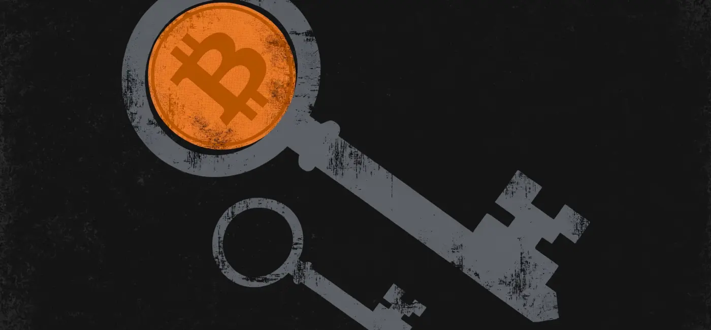 A large key with a Bitcoin coin and a smaller key, symbolising Bitcoin passing between generations