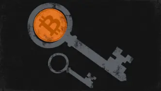 A large key with a Bitcoin coin and a smaller key, symbolising Bitcoin passing between generations