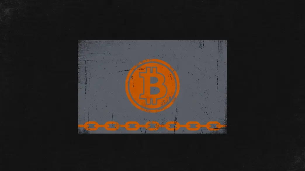Slate-gray share certificate with a Bitcoin coin seal and a chain link, symbolising tokenized equity anchored to Bitcoin.