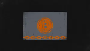 Slate-gray share certificate with a Bitcoin coin seal and a chain link, symbolising tokenized equity anchored to Bitcoin.