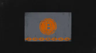 Slate-gray share certificate with a Bitcoin coin seal and a chain link, symbolising tokenized equity anchored to Bitcoin.