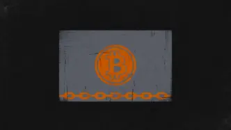 Slate-gray share certificate with a Bitcoin coin seal and a chain link, symbolising tokenized equity anchored to Bitcoin.