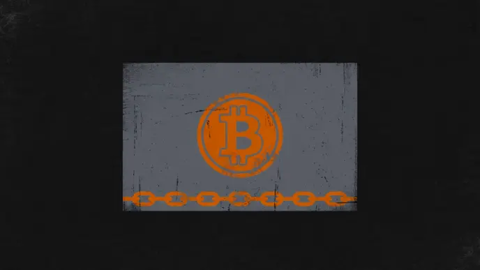 Slate-gray share certificate with a Bitcoin coin seal and a chain link, symbolising tokenized equity anchored to Bitcoin.